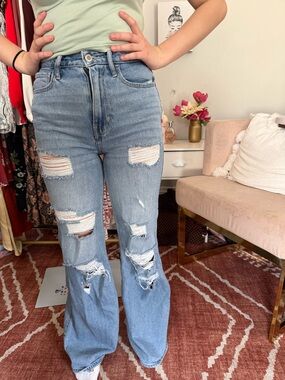 Hollister Light Blue Distressed High-Rise Flare Jeans